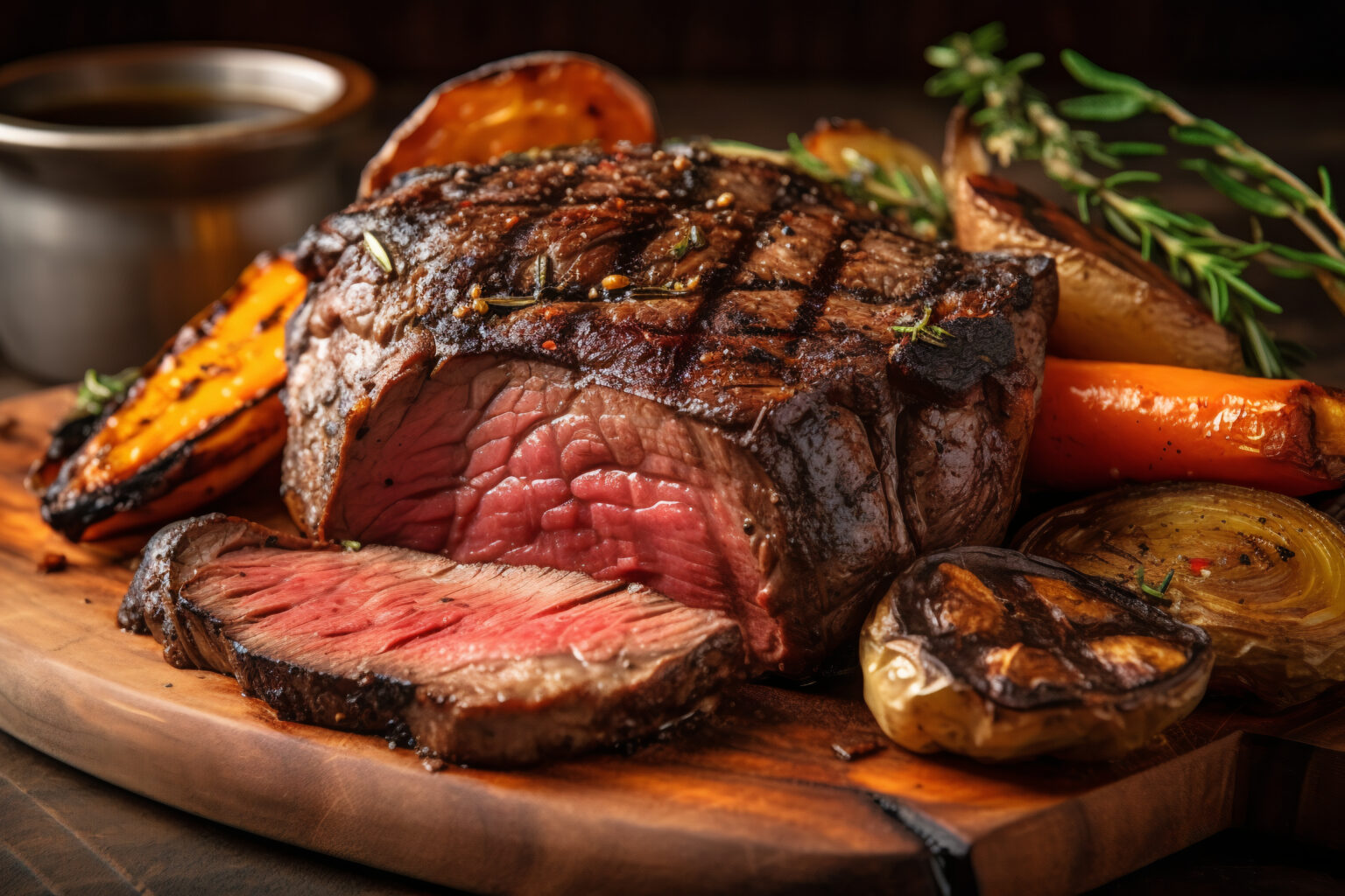 juicy steak medium rare beef with spices and grilled vegetables